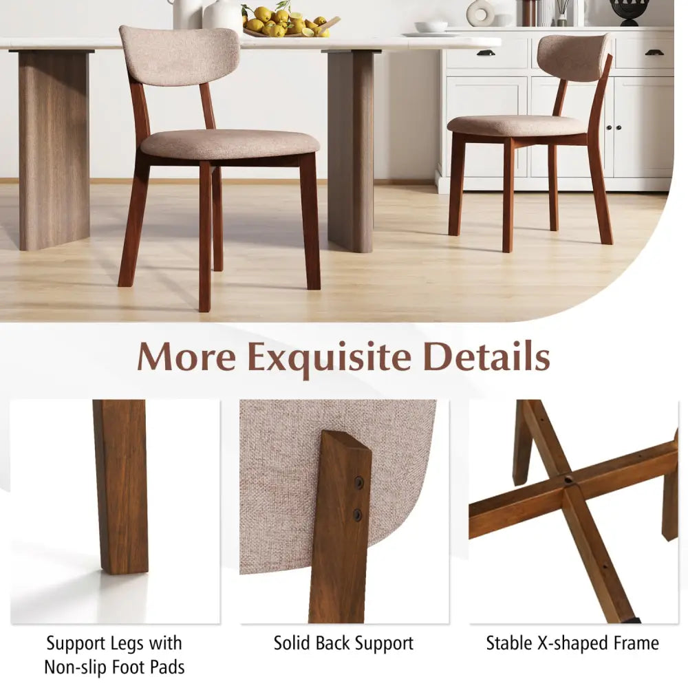 Dining Chairs Set of 2 Upholstered Mid-Back Chairs with Solid Rubber Wood Frame-Beige - Beige - Dining Chairs