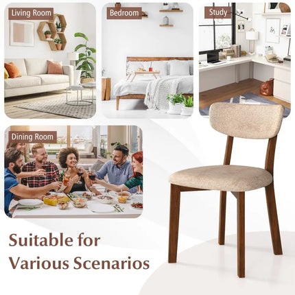 Dining Chairs Set of 2 Upholstered Mid-Back Chairs with Solid Rubber Wood Frame-Beige - Beige - Dining Chairs