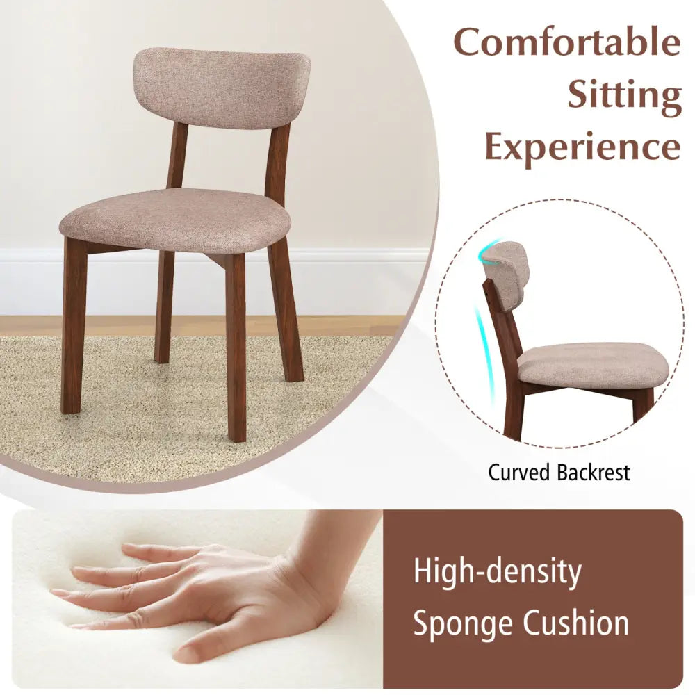 Dining Chairs Set of 2 Upholstered Mid-Back Chairs with Solid Rubber Wood Frame-Beige - Beige - Dining Chairs