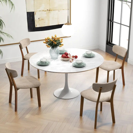 Dining Chairs Set of 2 Upholstered Mid-Back Chairs with Solid Rubber Wood Frame-Beige - Beige - Dining Chairs