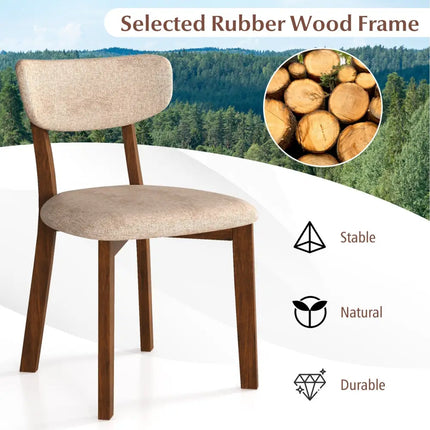 Dining Chairs Set of 2 Upholstered Mid-Back Chairs with Solid Rubber Wood Frame-Beige - Beige - Dining Chairs