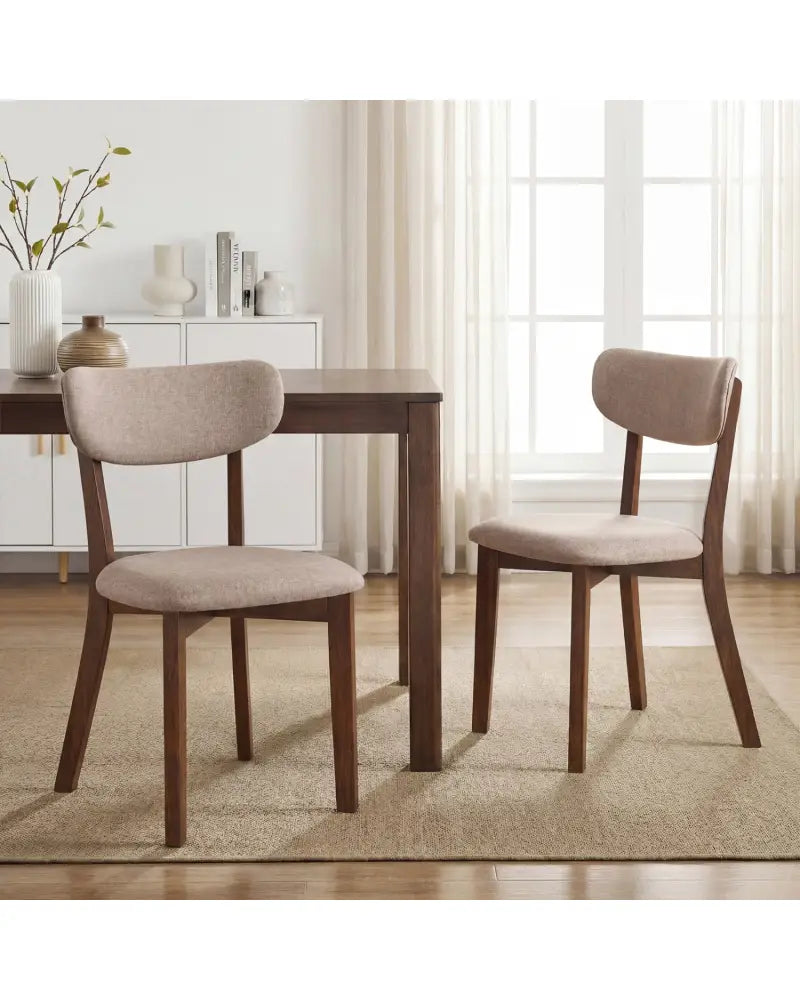 Dining Chairs Set of 2 Upholstered Mid-Back Chairs with Solid Rubber Wood Frame-Beige - Beige - Dining Chairs