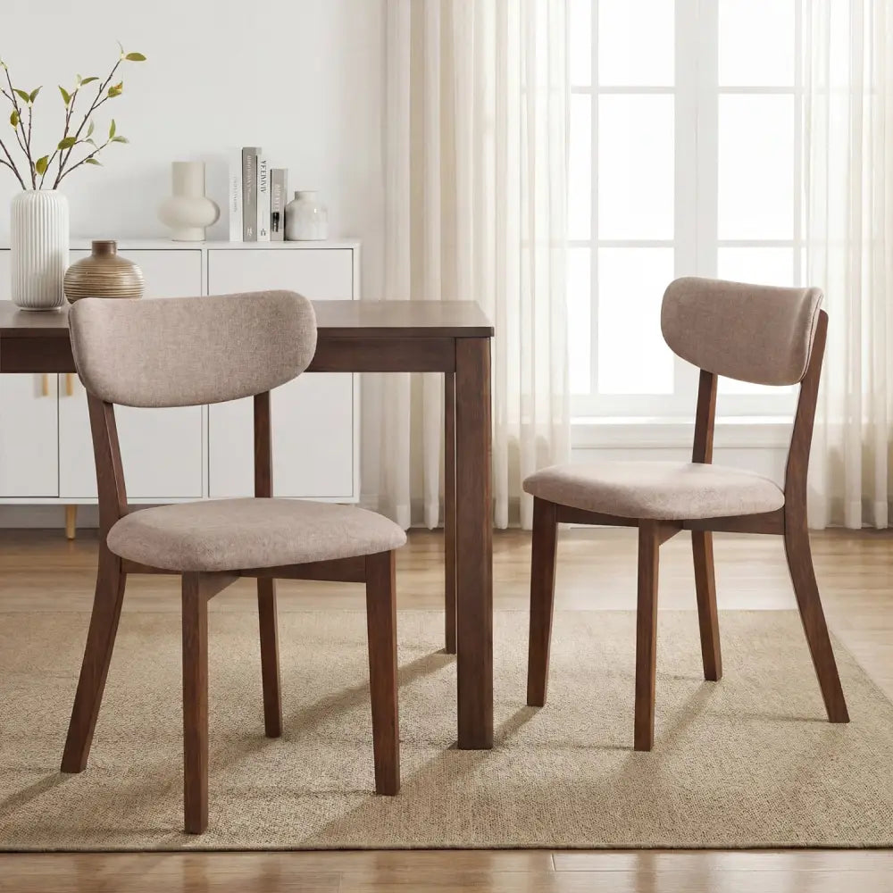 Dining Chairs Set of 2 Upholstered Mid-Back Chairs with Solid Rubber Wood Frame-Beige - Beige - Dining Chairs