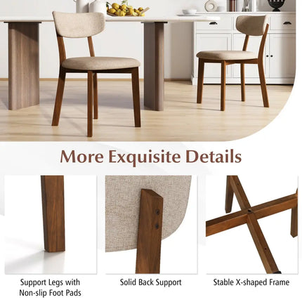 Dining Chairs Set of 2 Upholstered Mid-Back Chairs with Solid Rubber Wood Frame-Beige - Beige - Dining Chairs