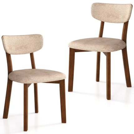 Dining Chairs Set of 2 Upholstered Mid-Back Chairs with Solid Rubber Wood Frame-Beige - Beige - Dining Chairs