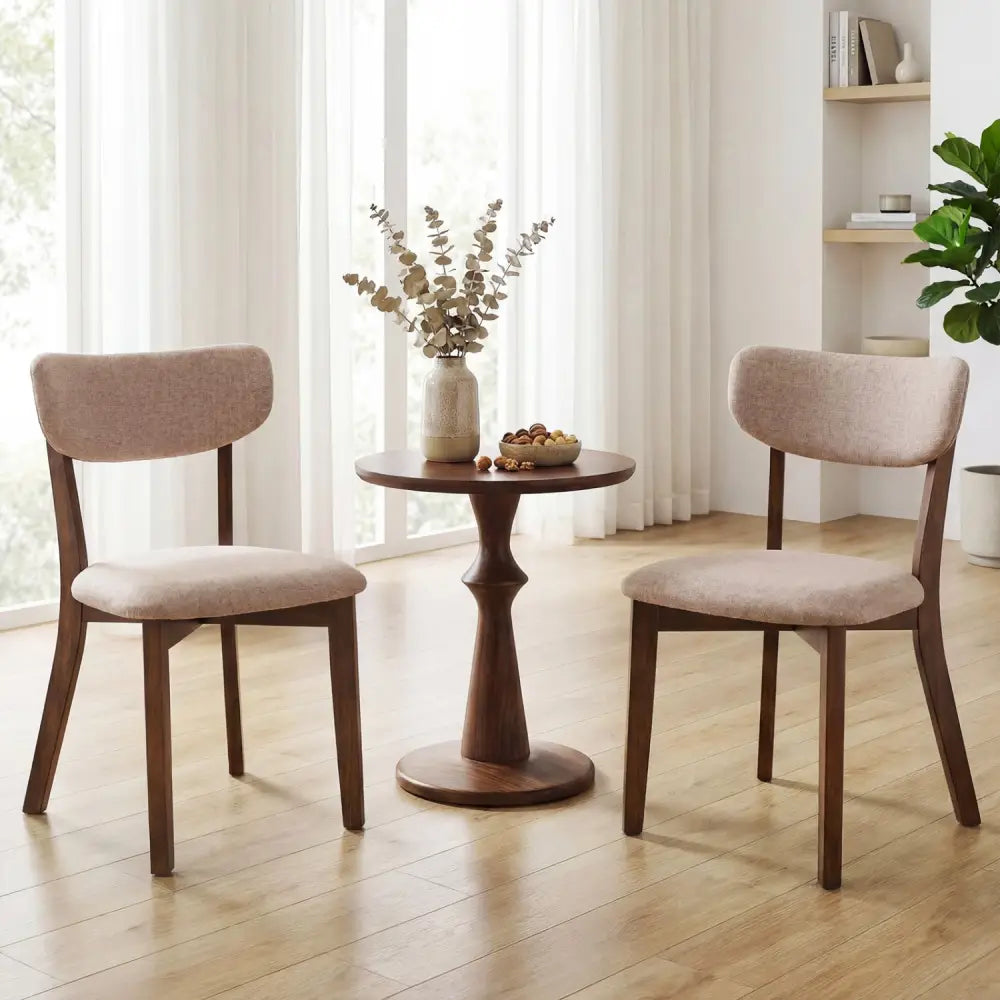 Dining Chairs Set of 2 Upholstered Mid-Back Chairs with Solid Rubber Wood Frame-Beige - Beige - Dining Chairs