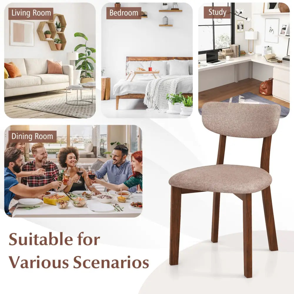 Dining Chairs Set of 2 Upholstered Mid-Back Chairs with Solid Rubber Wood Frame-Beige - Beige - Dining Chairs