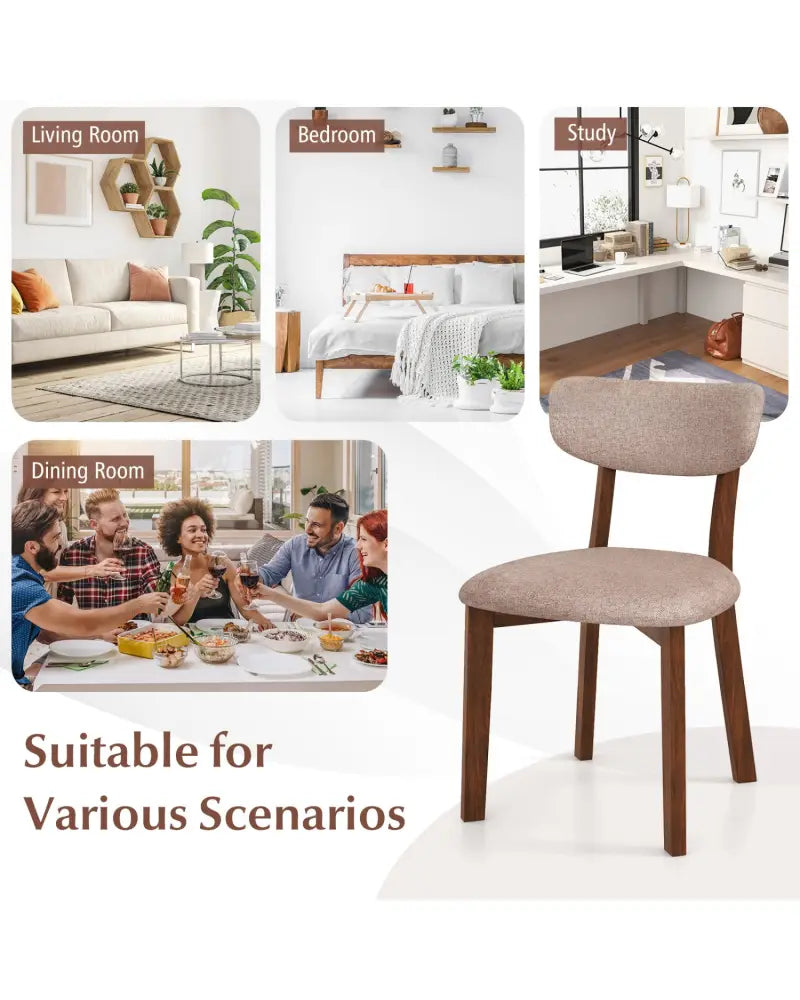 Dining Chairs Set of 2 Upholstered Mid-Back Chairs with Solid Rubber Wood Frame-Beige - Beige - Dining Chairs
