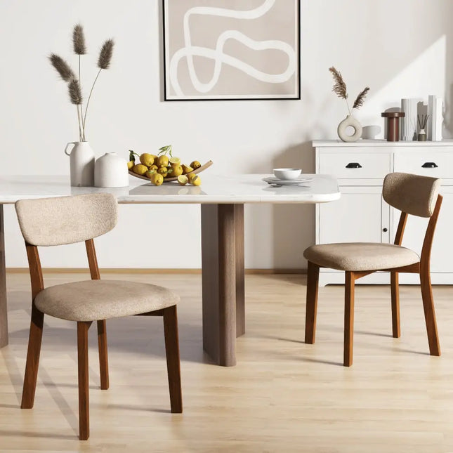 Dining Chairs Set of 2 Upholstered Mid-Back Chairs with Solid Rubber Wood Frame-Beige - Beige - Dining Chairs