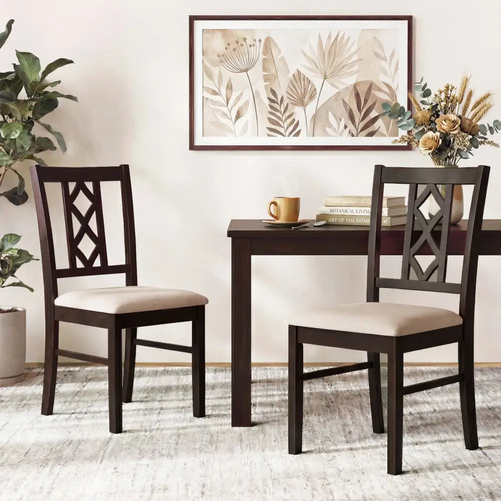 Dining Room Chairs Set of 2 Rubber Wood Dining Chairs with Hollowed Backrest-Brown - Walnut - Dining Chairs