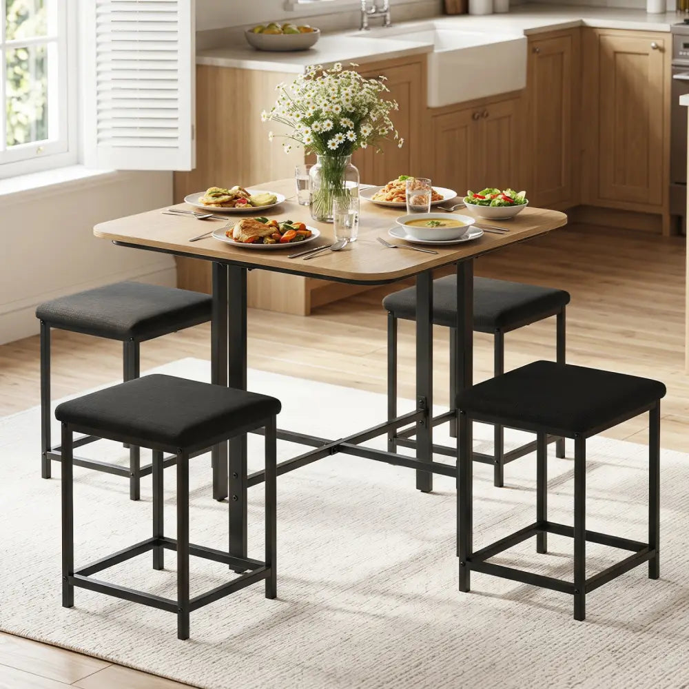 Dining Table Set with 4 Upholstered Stools and Metal Frame-Natural - Natural & Black - Dining Room Sets