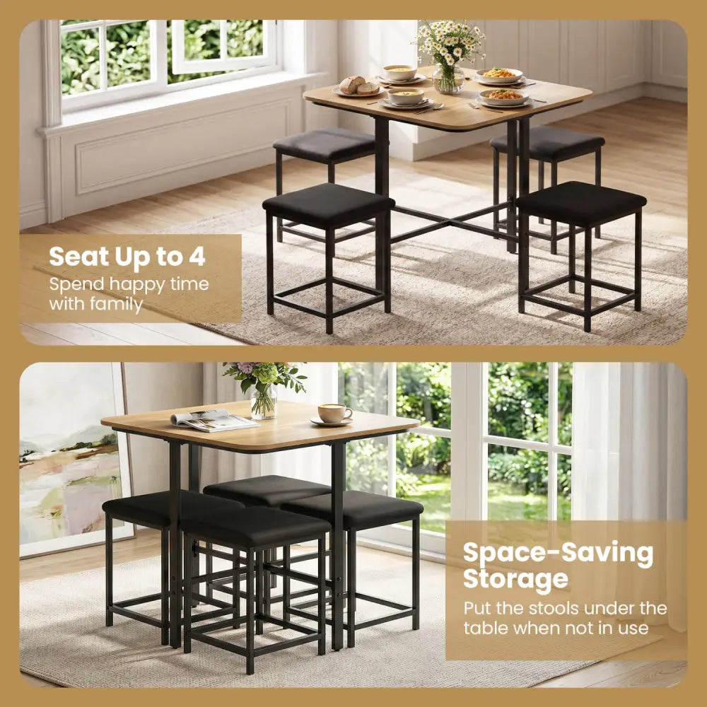 Dining Table Set with 4 Upholstered Stools and Metal Frame-Natural - Natural & Black - Dining Room Sets