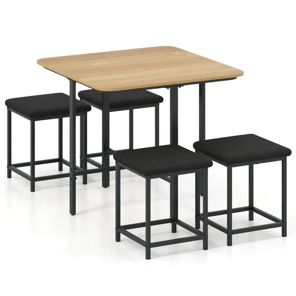 Dining Table Set with 4 Upholstered Stools and Metal Frame-Natural - Natural & Black - Dining Room Sets