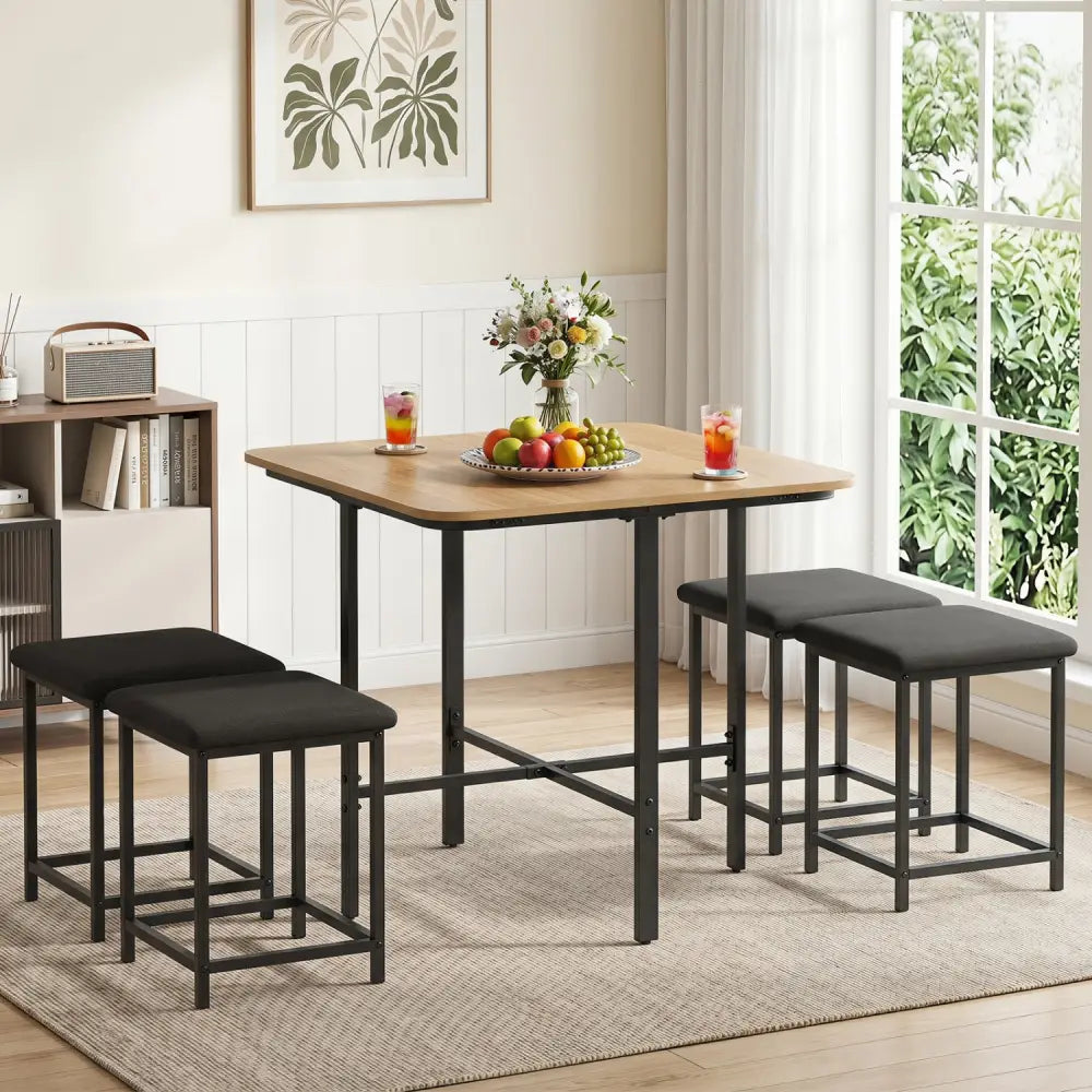 Dining Table Set with 4 Upholstered Stools and Metal Frame-Natural - Natural & Black - Dining Room Sets