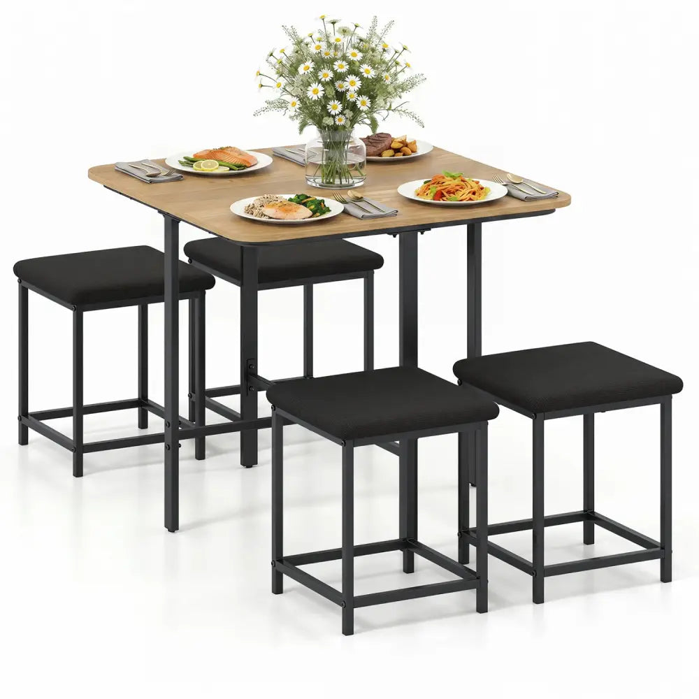 Dining Table Set with 4 Upholstered Stools and Metal Frame-Natural - Natural & Black - Dining Room Sets