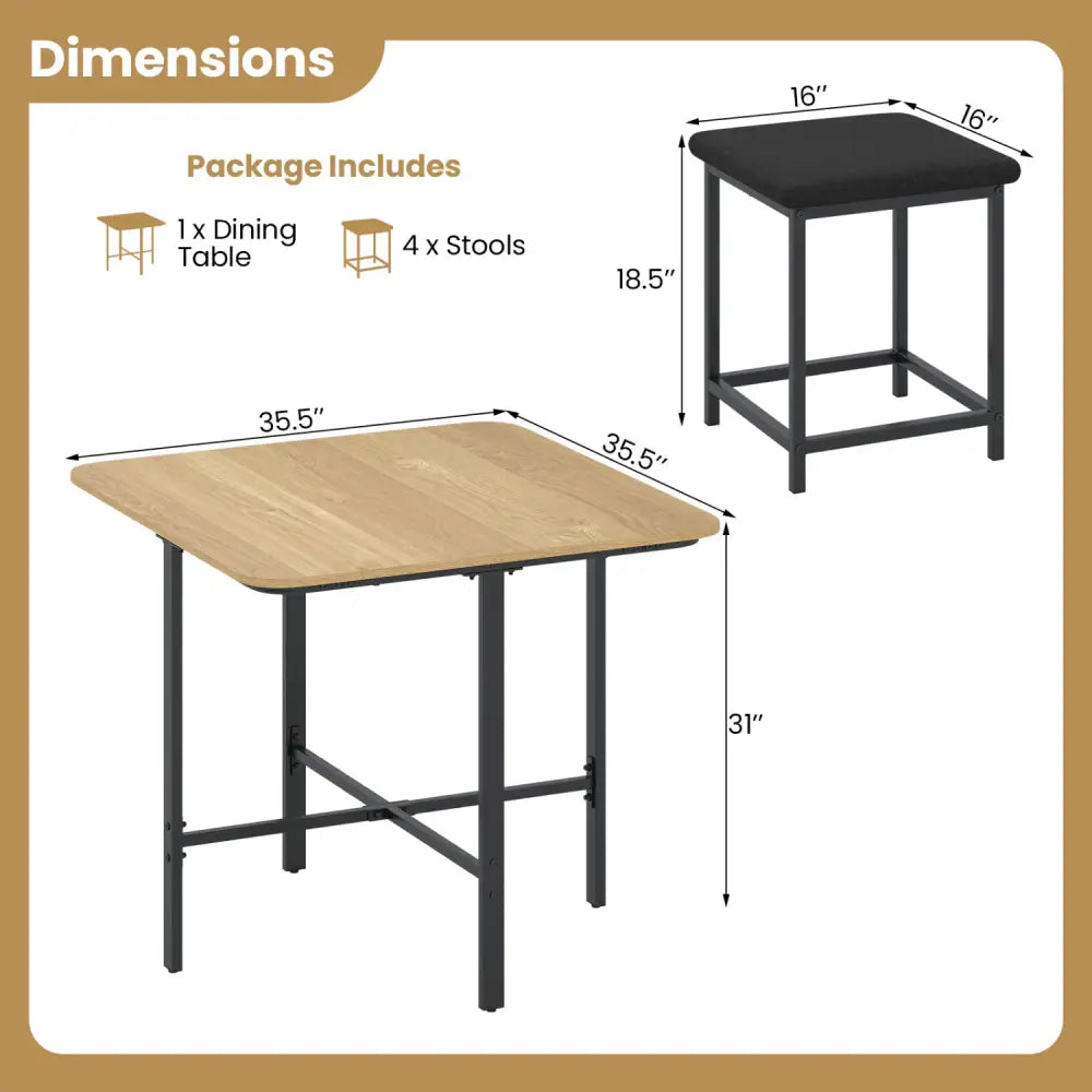 Dining Table Set with 4 Upholstered Stools and Metal Frame-Natural - Natural & Black - Dining Room Sets