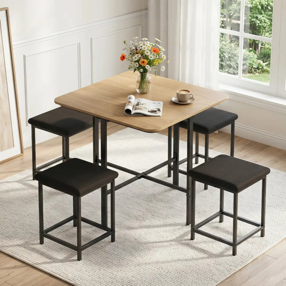 Dining Table Set with 4 Upholstered Stools and Metal Frame-Natural - Natural & Black - Dining Room Sets