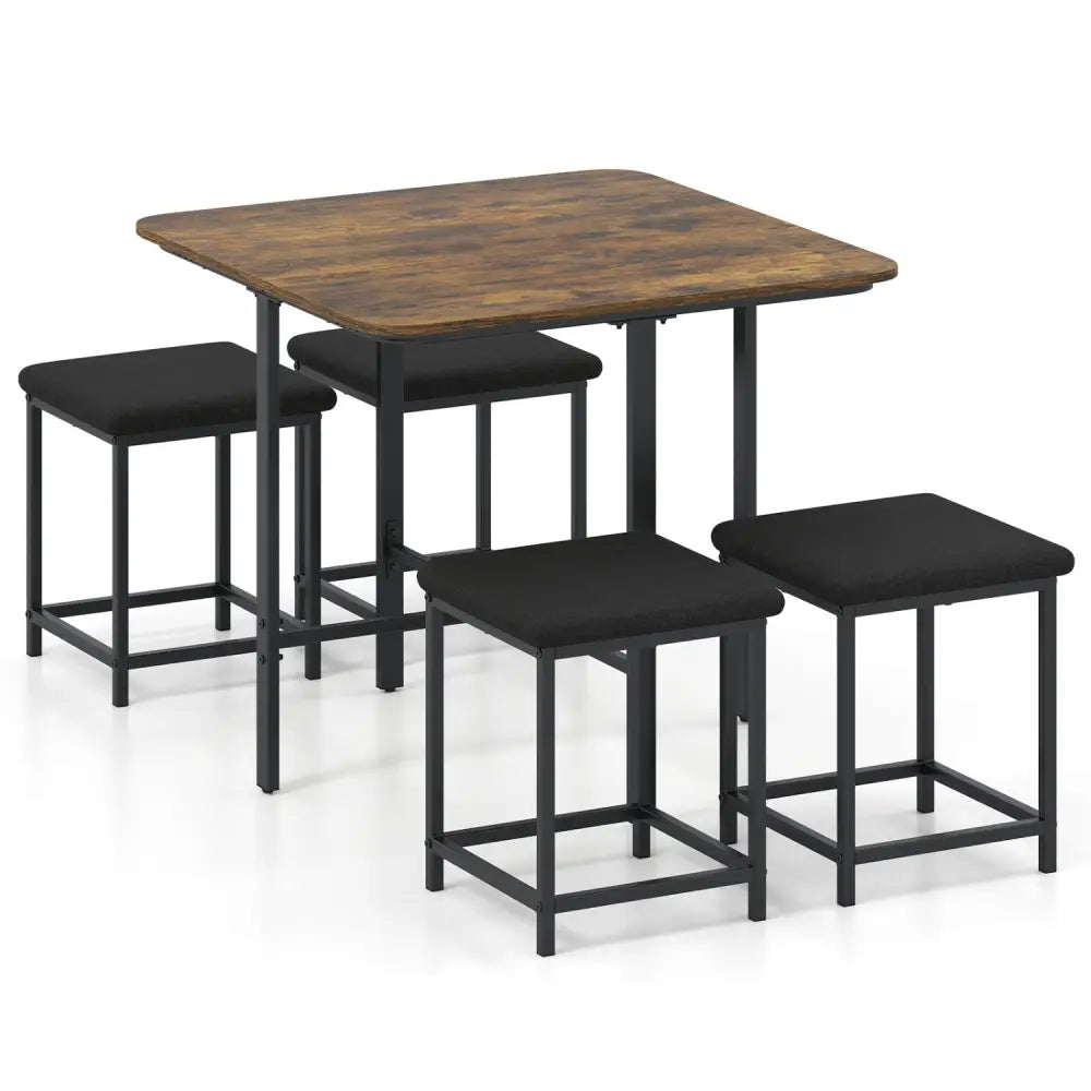 Dining Table Set with 4 Upholstered Stools and Metal Frame-Rustic Brown - Rustic Brown - Dining Room Sets