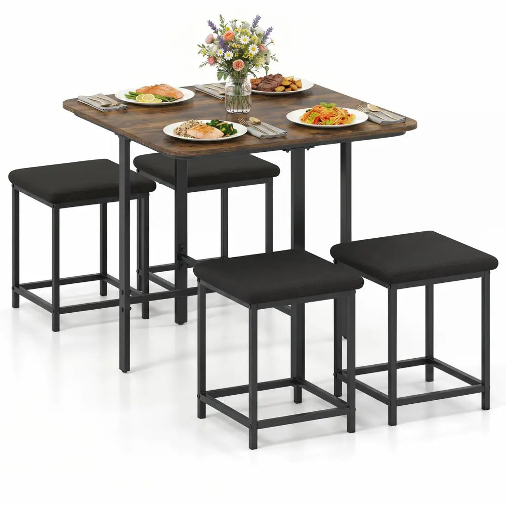 Dining Table Set with 4 Upholstered Stools and Metal Frame-Rustic Brown - Rustic Brown - Dining Room Sets