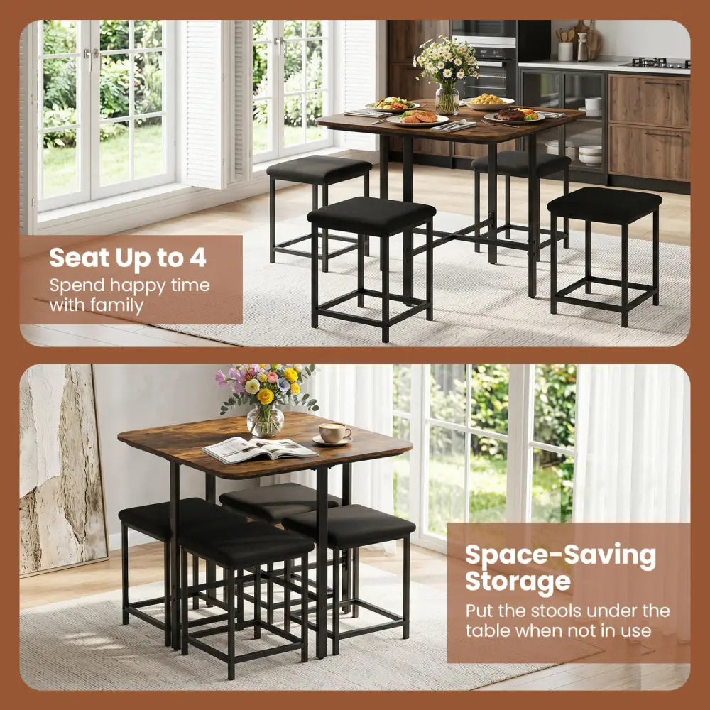Dining Table Set with 4 Upholstered Stools and Metal Frame-Rustic Brown - Rustic Brown - Dining Room Sets