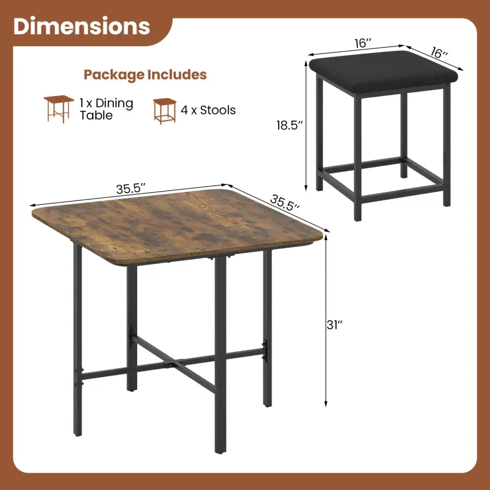 Dining Table Set with 4 Upholstered Stools and Metal Frame-Rustic Brown - Rustic Brown - Dining Room Sets
