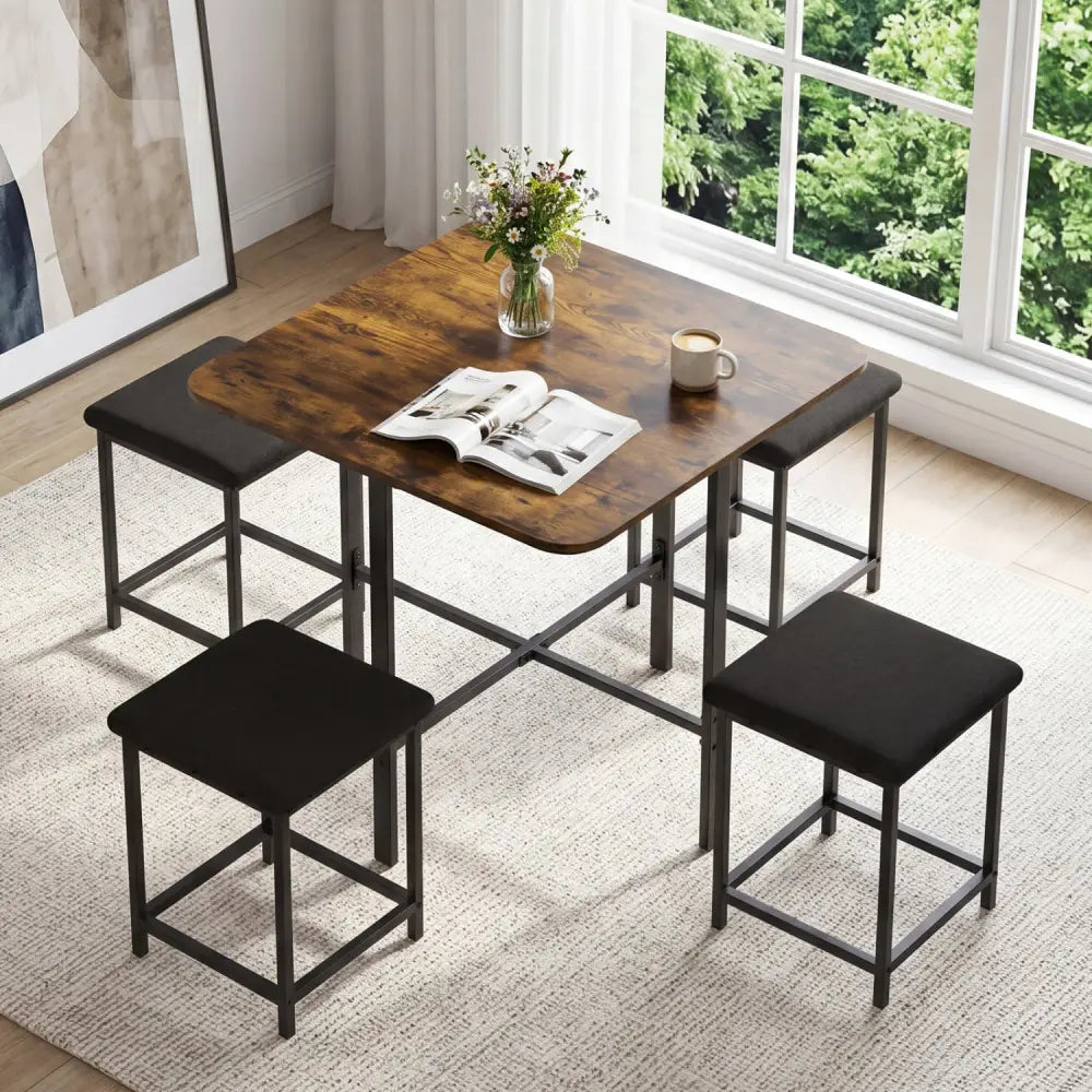 Dining Table Set with 4 Upholstered Stools and Metal Frame-Rustic Brown - Rustic Brown - Dining Room Sets