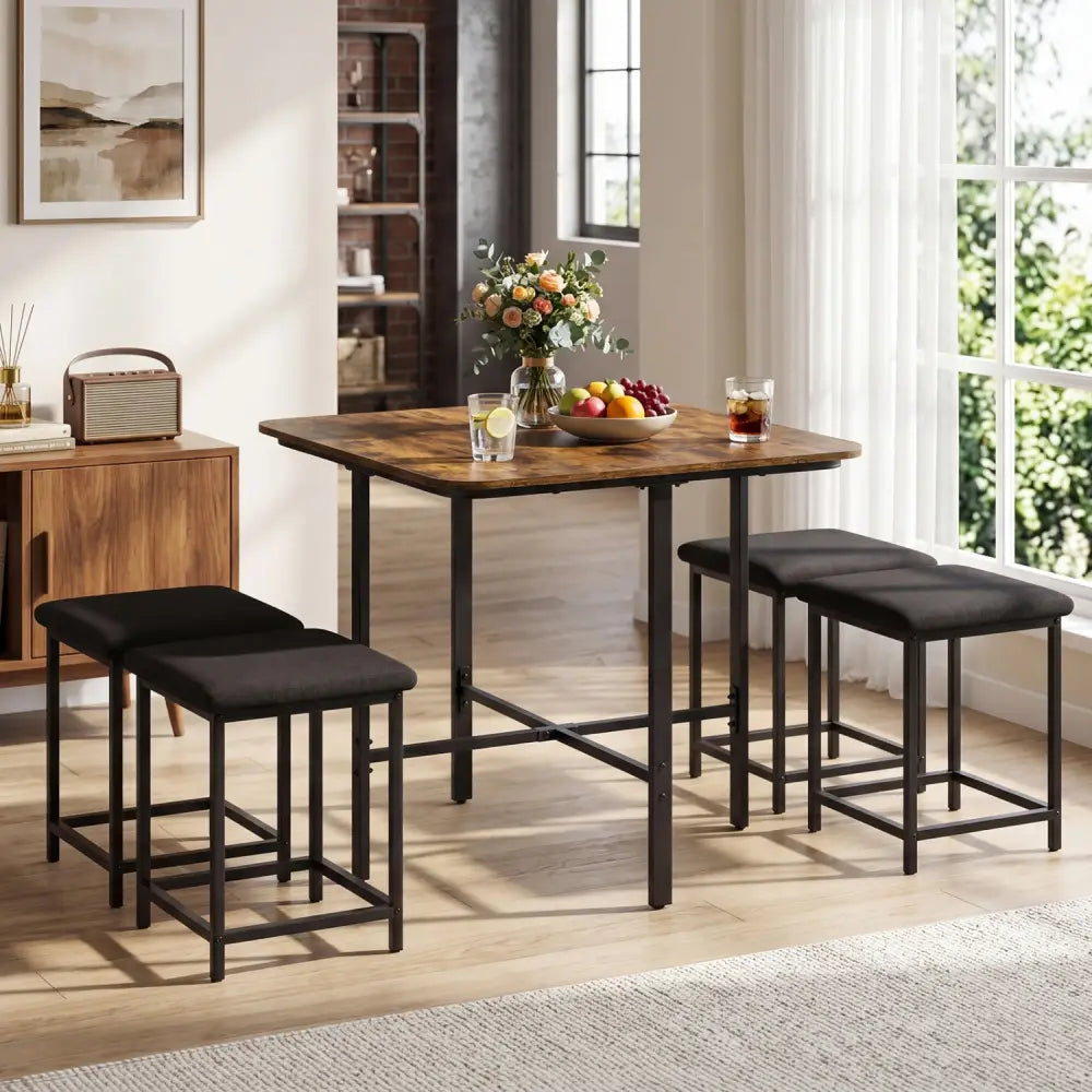 Dining Table Set with 4 Upholstered Stools and Metal Frame-Rustic Brown - Rustic Brown - Dining Room Sets