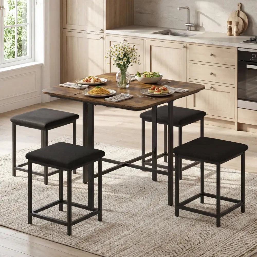 Dining Table Set with 4 Upholstered Stools and Metal Frame-Rustic Brown - Rustic Brown - Dining Room Sets