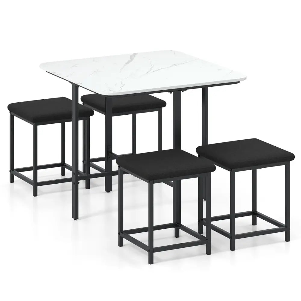 Dining Table Set with 4 Upholstered Stools and Metal Frame-White - White - Dining Room Sets
