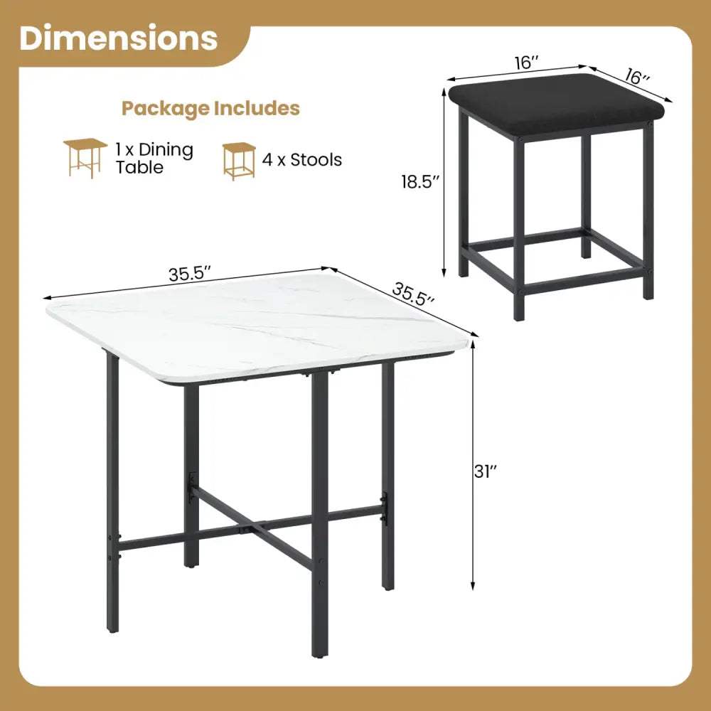 Dining Table Set with 4 Upholstered Stools and Metal Frame-White - White - Dining Room Sets