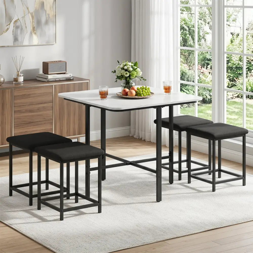 Dining Table Set with 4 Upholstered Stools and Metal Frame-White - White - Dining Room Sets