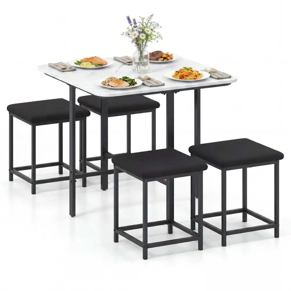 Dining Table Set with 4 Upholstered Stools and Metal Frame-White - White - Dining Room Sets