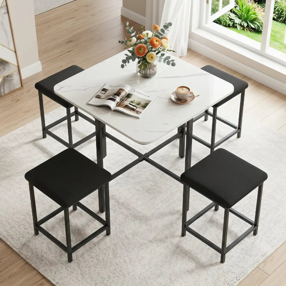 Dining Table Set with 4 Upholstered Stools and Metal Frame-White - White - Dining Room Sets