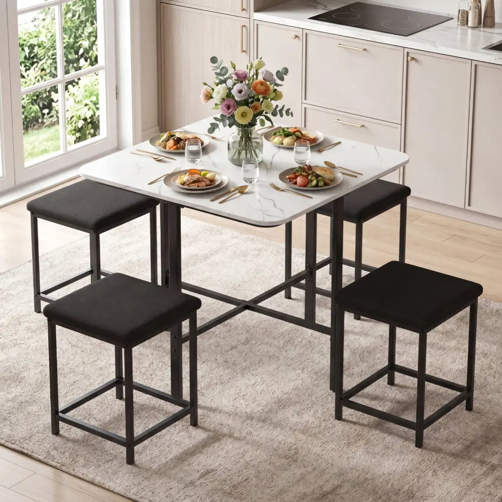 Dining Table Set with 4 Upholstered Stools and Metal Frame-White - White - Dining Room Sets