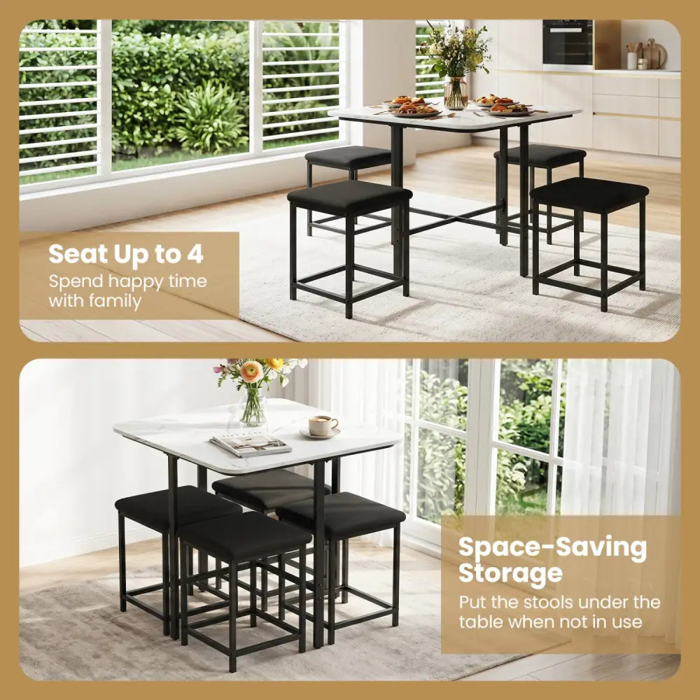 Dining Table Set with 4 Upholstered Stools and Metal Frame-White - White - Dining Room Sets