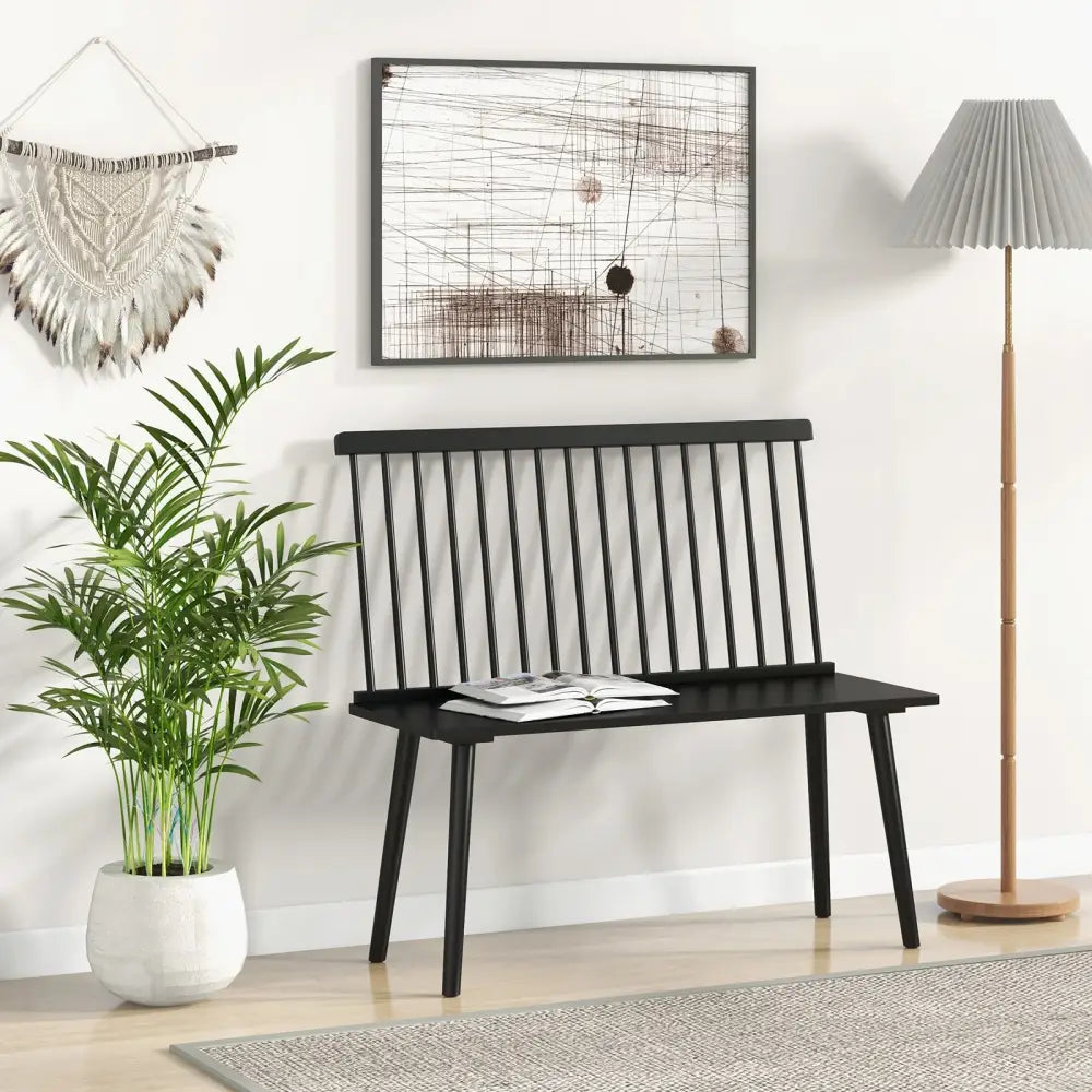 Dining Windsor Bench with Spindle Back and Anti-Slip Foot Pads-Black - Black - Dining Chairs