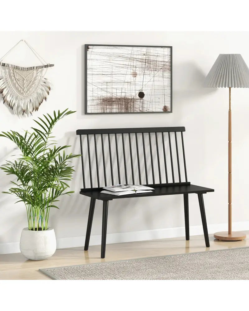 Dining Windsor Bench with Spindle Back and Anti-Slip Foot Pads-Black - Black - Dining Chairs