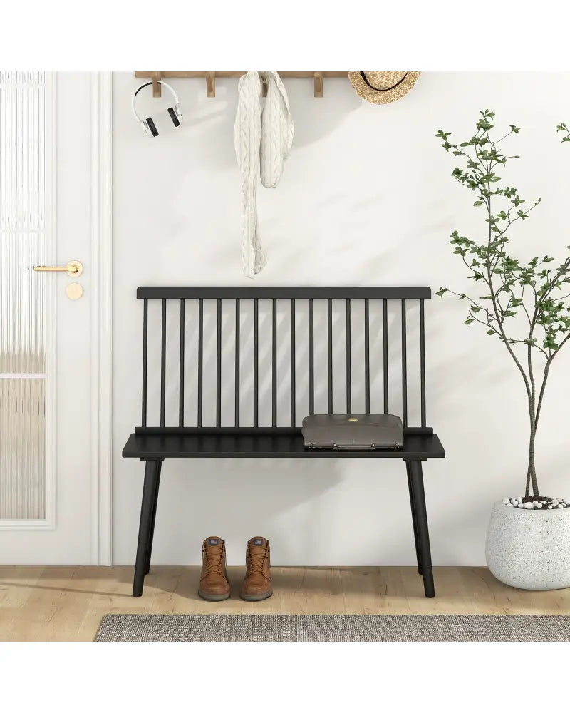 Dining Windsor Bench with Spindle Back and Anti-Slip Foot Pads-Black - Black - Dining Chairs