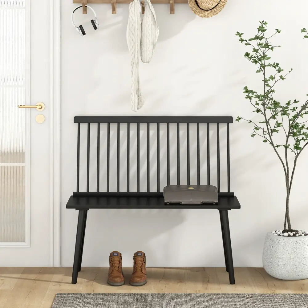 Dining Windsor Bench with Spindle Back and Anti-Slip Foot Pads-Black - Black - Dining Chairs