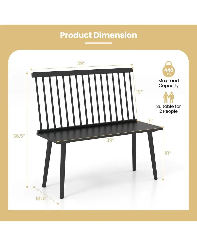 Dining Windsor Bench with Spindle Back and Anti-Slip Foot Pads-Black - Black - Dining Chairs