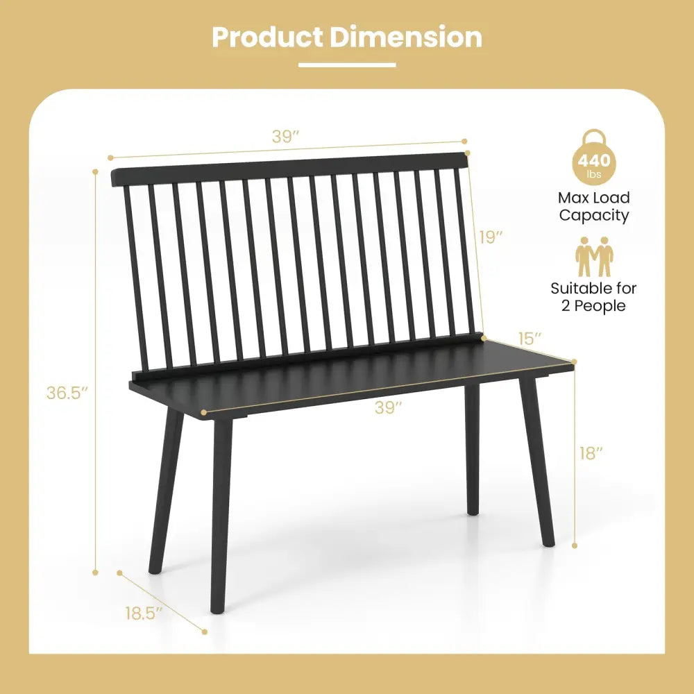 Dining Windsor Bench with Spindle Back and Anti-Slip Foot Pads-Black - Black - Dining Chairs