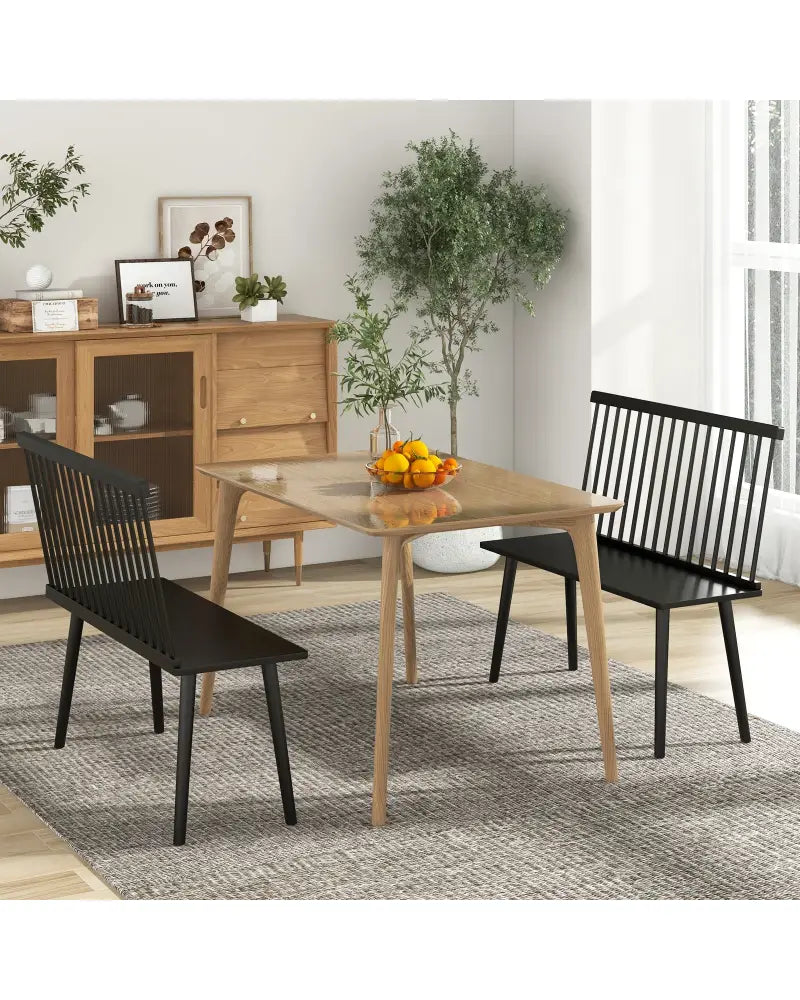 Dining Windsor Bench with Spindle Back and Anti-Slip Foot Pads-Black - Black - Dining Chairs