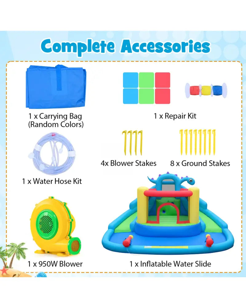 Dinosaur-themed Inflatable Water Slide Park with 950W Air Blower - Multicolor - Inflatable Water Slides