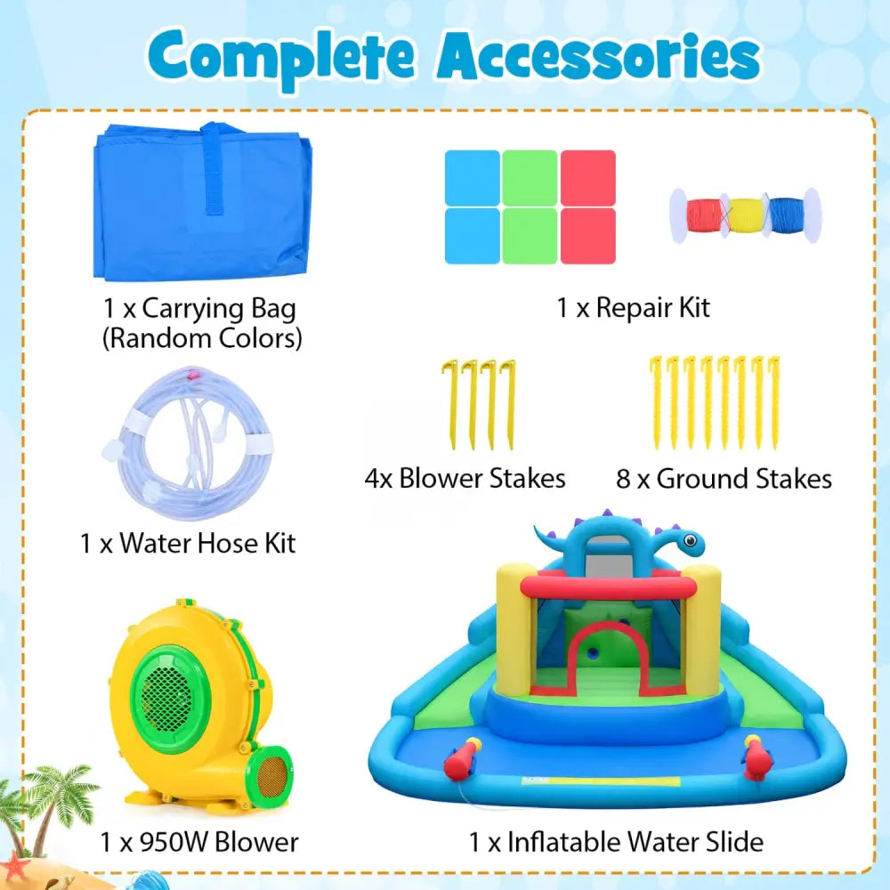 Dinosaur-themed Inflatable Water Slide Park with 950W Air Blower - Multicolor - Inflatable Water Slides