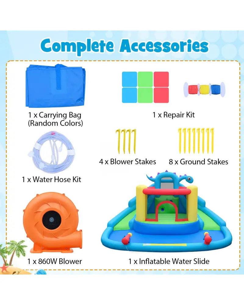 Dinosaur-themed Kids Inflatable Bounce House with 860W Air Blower - Multicolor - Inflatable Water Slides