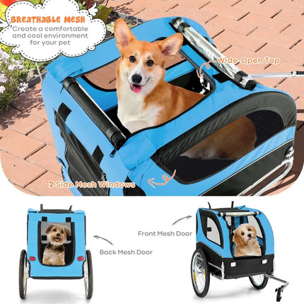 Dog Bike Trailer Foldable Pet Cart with 3 Entrances for Travel - Blue - Oasis Home Essentials