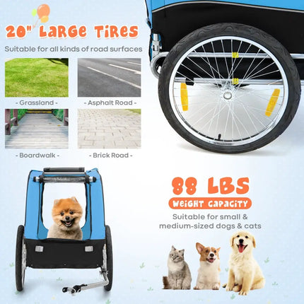 Dog Bike Trailer Foldable Pet Cart with 3 Entrances for Travel - Blue - Oasis Home Essentials