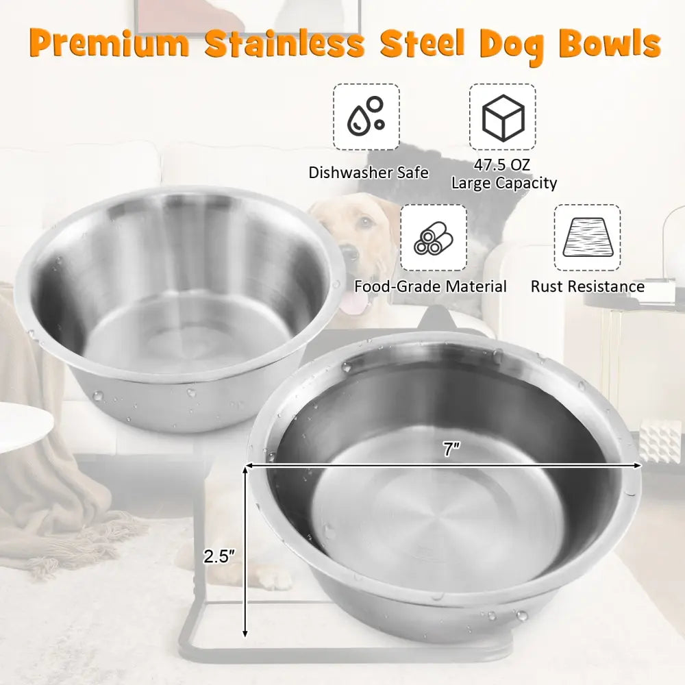 Dog Bowl Stand with 2 Stainless Steel Food Water Bowls - Dog Supplies