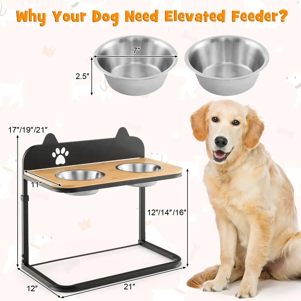 Dog Bowl Stand with 2 Stainless Steel Food Water Bowls - Dog Supplies