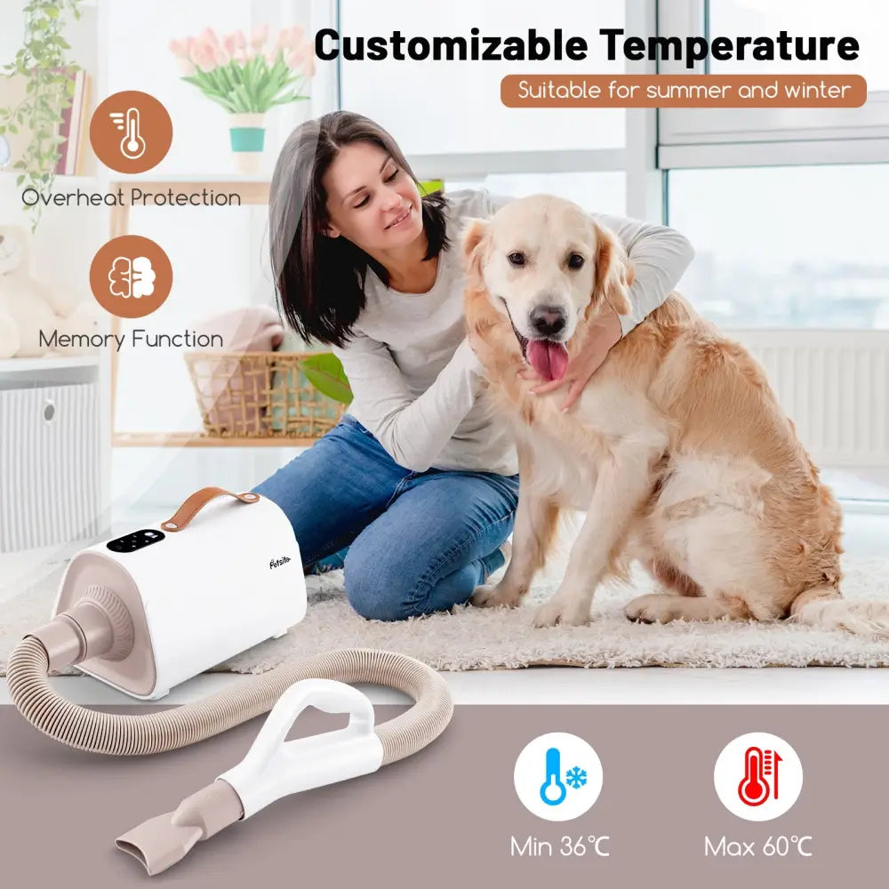 Dog Cat Hair Blower with Negative Ion Function and Adjustable Temperature - White - Dog Supplies